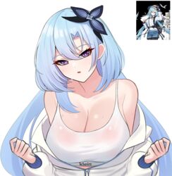  aircell bare_shoulders blue_hair breasts cleavage female flower griseo griseo_(cosmic_expression) hair_between_eyes hair_flower hair_ornament hands_up highres honkai_(series) honkai_impact_3rd jacket large_breasts long_hair long_sleeves looking_at_viewer open_mouth partially_unzipped purple_eyes reference_inset solo sports_bra twintails upper_body white_background white_jacket white_sports_bra 