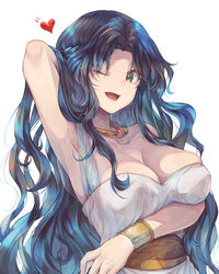  bad_id bad_pixiv_id blue_hair breast_lift breasts cleavage collarbone dress female green_eyes heart highres large_breasts long_hair looking_at_viewer one_eye_closed open_mouth puyopuyo rulue_(puyopuyo) smile solo very_long_hair wavy_hair white_dress yue_(lov_n_n) 