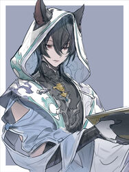  1boy animal_ears bags_under_eyes bishounen black_hair black_shirt blue_background book border cloak commentary_request erune gloves granblue_fantasy hair_between_eyes holding holding_book hood hood_up hooded_cloak jewelry long_bangs looking_to_the_side male_focus medium_hair merlin_(granblue_fantasy) ornament red_eyes shirt sleeveless sleeveless_shirt solo tekki_(tki) upper_body white_border 