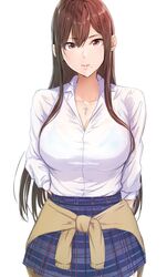  arms_behind_back blue_skirt breasts brown_hair cleavage closed_mouth clothes_around_waist collarbone cowboy_shot cross cross_necklace ear_piercing female hair_between_eyes highres jewelry ken-1 large_breasts long_hair long_sleeves looking_at_viewer mole mole_under_mouth nazuna_(kajitsu) necklace original piercing plaid plaid_skirt red_eyes shirt skirt solo sweater sweater_around_waist white_background white_shirt 