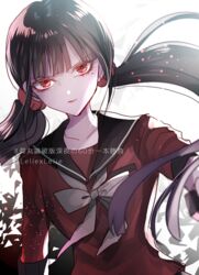  artist_name black_hair blunt_bangs collarbone commentary_request danganronpa_(series) danganronpa_v3:_killing_harmony female floating_hair hair_ornament harukawa_maki long_hair long_sleeves looking_at_viewer low_twintails mole mole_under_eye red_eyes red_scrunchie sailor_collar school_uniform scrunchie serafuku shirt simple_background solo translation_request twintails upper_body very_long_hair white_background z-epto_(chat-noir86) 