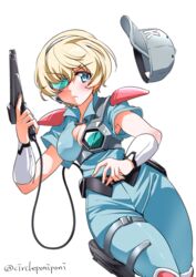  1980s_(style) akai_koudan_zillion alternate_costume aqua_bodysuit baseball_cap blue_eyes blue_hat bracer breasts cleavage cleavage_cutout closed_mouth clothing_cutout commentary_request dutch_angle energy_gun female frown girls_und_panzer green-tinted_eyewear grey_hair gun hat headset highres holding holding_gun holding_weapon holster inoue_yoshihisa knee_pads looking_at_viewer medium_breasts partial_commentary retro_artstyle science_fiction scouter sega_light_phaser short_hair short_sleeves shoulder_pads simple_background solo sparkle standing thigh_holster tinted_eyewear unworn_headwear weapon white_background youko_(girls_und_panzer) 