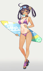  absurdres ahoge azur_lane bikini breasts cleavage dark-skinned_female dark_skin eyewear_on_head female food full_body grey_background high_heels highres holding holding_surfboard ice_cream ice_cream_cone ice_cream_cone_spill long_hair looking_at_viewer medium_breasts ning_hai_(azur_lane) ning_hai_(summer_hunger)_(azur_lane) official_alternate_costume popsicle purple_bikini purple_eyes purple_footwear purple_hair serin199 simple_background solo surfboard swimsuit tan tanlines 