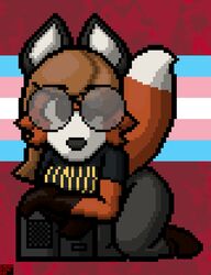  2023 anthro artist_name big_glasses biped black_body black_clothing black_fur black_nose black_shirt black_topwear bottomwear brown_hair canid canine cheek_tuft cherrypixelbun clothing computer crossed_arms digital_media_(artwork) dipstick_tail electronics eyewear facial_tuft female fox fur glasses gloves_(marking) grey_bottomwear grey_clothing grey_eyes grey_pants hair kneeling lgbt_pride linux mammal markings pants pixel_(artwork) prick_ears pride_color_background pride_colors red_background red_body red_fox red_fur round_glasses shirt simple_background solo t-shirt tail tail_markings text text_on_clothing text_on_shirt text_on_topwear topwear trans_(lore) trans_woman_(lore) transgender_pride_colors true_fox tuft white_body white_fur xenia_(linux) 