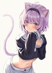  ahoge animal_ear_fluff animal_ears athenawyrm black_hairband blush cat_ears cat_girl cat_tail closed_mouth commentary crop_top female hair_between_eyes hairband highres hololive long_sleeves looking_at_viewer medium_hair midriff navel nekomata_okayu nekomata_okayu_(casual) official_alternate_costume purple_eyes purple_hair school_uniform serafuku simple_background skirt sleeves_past_wrists smile solo tail tail_raised virtual_youtuber white_background white_skirt 