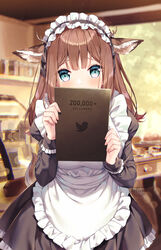  animal_ears apron aqua_eyes artist_name bangs black_dress blurry blurry_background blush brown_hair commentary commentary_request deer_ears depth_of_field dress eyebrows_visible_through_hair female followers frilled_apron frilled_dress frills highres holding indoors long_hair long_sleeves looking_at_viewer maid maid_apron maid_headdress mixed-language_commentary number original puffy_sleeves rosuuri solo twitter_logo white_apron 