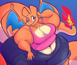  2023 aimbot-jones anthro belly big_belly big_breasts bottomwear breasts charizard clothing digital_media_(artwork) eyelashes female generation_1_pokemon hand_behind_head huge_belly huge_hips huge_thighs looking_at_viewer nintendo obese obese_anthro obese_female overweight overweight_anthro overweight_female pokemon pokemon_(species) shorts smile solo thick_thighs valentina_(aimbot-jones) wide_hips 