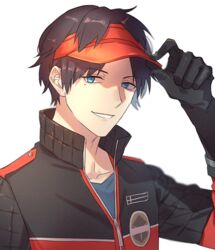  1boy berry_o_t black_gloves black_hair black_jacket gloves hand_up hat ikoma_squad&#039;s_uniform jacket male_focus mole mole_under_eye multicolored_clothes multicolored_jacket oki_kouji parted_lips red_hat red_jacket short_hair simple_background smile solo two-tone_jacket upper_body visor_cap white_background world_trigger 