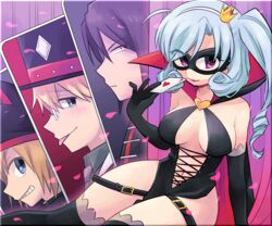  3boys bad_id bad_pixiv_id black_gloves breasts cape card cleavage commentary_request cross-laced_clothes crown curly_hair curtains elbow_gloves female glasses gloves grey_hair grin hairband hat henriette_mystere large_breasts mini_crown multiple_boys navel playing_card purple_eyes rat_(milky_holmes) side_ponytail sitting smile stone_river tantei_opera_milky_holmes thighhighs tongue tongue_out top_hat tsunoji twenty_(milky_holmes) white_hairband yokozuwari 