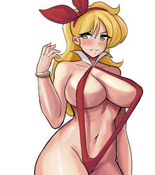  blonde_hair blush bracelet breasts cosplay curly_hair donburi_(donburikazoku) dragon_ball female green_eyes hair_ornament hairband highres jewelry large_breasts long_hair looking_at_viewer lunch_(bad)_(dragon_ball) lunch_(dragon_ball) navel simple_background slingshot_swimsuit smile solo standing swimsuit vampirella vampirella_(character) vampirella_(character)_(cosplay) white_background 