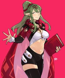  alternate_costume asymmetrical_clothes asymmetrical_legwear black_pants black_thighhighs book breasts cape cleavage closed_mouth collarbone commentary english_commentary female fire_emblem fire_emblem_awakening fire_emblem_engage green_eyes green_hair green_nails hair_between_eyes hair_ornament highres holding holding_book hood hood_down hooded_cape long_hair looking_at_viewer medium_breasts midriff mismatched_legwear navel pants pink_background pointy_ears ponytail red_cape sage_outfit_(fire_emblem_engage) sakuremi sidelocks signature simple_background single_pantsleg single_thighhigh smile solo stomach thighhighs tiki_(adult)_(fire_emblem) tiki_(fire_emblem) 