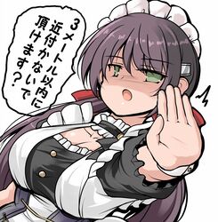  ^^^ azur_lane breasts brown_hair female foreshortening glasgow_(azur_lane) green_eyes hair_ornament hair_ribbon hairclip large_breasts long_hair looking_at_viewer low_twintails maid open_mouth ribbon solo translation_request tsuzuri_(tuzuri) twintails upper_body wrist_cuffs 