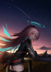  ambriel_(arknights) angel arknights black_jacket black_thighhighs commentary_request cowboy_shot energy_wings eyelashes female highres jacket lodbyy long_hair looking_at_viewer mouth_hold night night_sky originium_(arknights) outdoors photoshop_(medium) pink_hair purple_eyes shooting_star sky solo standing star_(sky) starry_sky sunset thighhighs thighs 