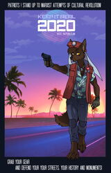  2020 5_fingers aleone aloha_shirt anthro badge barefoot beret black_border blue_bottomwear blue_clothing blue_pants blue_shirt blue_topwear bodypaint border bottomwear brown_body brown_fur brown_tail canid canine canis city cityscape clock clothed clothing dark_body dark_fur denim denim_bottomwear denim_clothing detailed_background digital_media_(artwork) digitigrade dog_tags english_text feet fingerless_gloves fingers floral_pattern floral_shirt fluffy fluffy_tail front_view fur george_floyd_protest gloves golden_jackal gun handgun handwear hat headgear headwear holding_gun holding_handgun holding_object holding_pistol holding_ranged_weapon holding_weapon jackal jeans jewelry maga_hat male mammal necklace open_clothing open_topwear open_vest palm_tree pants pattern_clothing pattern_shirt pattern_topwear pistol plant politics propaganda ranged_weapon red_beret red_clothing red_topwear red_vest republican retro shirt snout solo sunset synthwave tactical_gear tactical_gloves tail tattoo text topwear tree vest walking walther_p99 warpaint watch weapon wristwatch yellow_eyes 