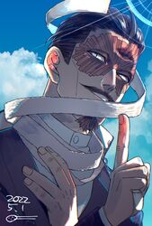  1boy black_hair brown_eyes dated day facial_hair golden_kamuy hair_slicked_back hand_on_own_chest highres index_finger_raised lens_flare looking_at_viewer male_focus moustache neko_meshi_ya outdoors ribbon scar solo tsurumi_tokushirou upper_body white_ribbon 