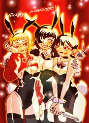  3girls animal_ear_headwear animal_ears black_choker black_eyes black_hair black_necktie blonde_hair blush breasts brown_eyes chainsaw_man choker cigarette cleavage commentary english_text eyepatch fake_animal_ears fake_tail fishnets ghost_devil_(chainsaw_man) grin hair_ornament hairband hairclip hand_on_another&#039;s_shoulder higashiyama_kobeni himeno_(chainsaw_man) holding holding_knife knife lipstick_mark lipstick_mark_on_face mole mole_under_eye mole_under_mouth multiple_girls necktie nya_tt0 open_mouth playboy_bunny rabbit_ears rabbit_tail red_eyes sawatari_akane_(chainsaw_man) smile symbol-only_commentary tail v wrist_cuffs 