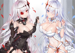  2girls absurdres ahoge asymmetrical_gloves azur_lane bare_shoulders black_dress black_gloves blue_eyes breasts bridal_gauntlets cleavage collarbone commentary covered_navel cowboy_shot deogho_(liujinzy9854) dress dual_persona earrings emden_(azur_lane) falling_petals flower flower_over_eye gloves hair_between_eyes hair_ornament hands_up highres holding_hands jewelry large_breasts lock long_hair looking_at_viewer mismatched_gloves multiple_girls padlock padlocked_collar parted_lips petals red_eyes red_flower red_rose rose scrunchie siblings sidelocks smile standing strapless strapless_dress symmetry white_dress white_flower white_hair white_rose wrist_scrunchie 