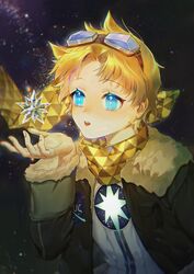  1boy blonde_hair blowing blue_eyes bright_pupils codon_negi fate/grand_order fate/requiem fate_(series) glowing goggles goggles_on_head looking_to_the_side male_focus open_mouth parted_bangs scarf short_hair sky solo space star_(sky) star_(symbol) starry_background starry_sky upper_body voyager_(fate) voyager_(third_ascension)_(fate) yellow_scarf 