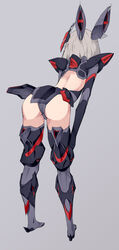  armored_boots ass ass_focus back_cutout blitz_gundam boots clothing_cutout female full_body grey_background grey_footwear grey_hair gundam gundam_seed hand_on_own_thigh highres humanization i.takashi leaning_forward leotard mecha_musume solo thigh_boots thighhighs 