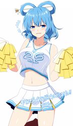  blue_eyes blue_hair blush breasts cheerleader clothes_writing commentary_request commission crop_top drill_hair drill_sidelocks female hair_ornament hair_rings hair_stick half-closed_eyes highres holding holding_pom_poms kaku_seiga large_breasts looking_at_viewer midriff navel parted_lips pom_pom_(cheerleading) rise_(rise19851203) shirt sidelocks simple_background skeb_commission skirt smile solo touhou white_background white_shirt white_skirt 