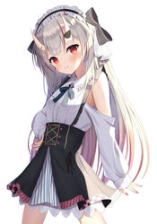  bare_shoulders black_bow black_skirt blush bow breasts commentary cowboy_shot female frills gradient_hair grey_hair hair_ornament hairbow highres hololive horns long_hair long_sleeves looking_at_viewer maid_headdress multicolored_hair nail_polish nakiri_ayame nakiri_ayame_(girly) off_shoulder official_alternate_costume oni open_mouth parted_lips red_eyes red_hair saki_(saki_paint) shirt simple_background skin-covered_horns skirt sleeves_past_wrists small_breasts smile solo streaked_hair striped very_long_hair virtual_youtuber white_background 