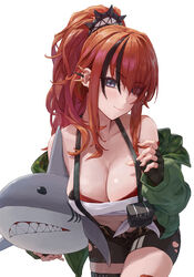  bandeau bare_shoulders black_shorts breasts cleavage commentary cowboy_shot female green_jacket grey_eyes hair_over_one_eye highres holding holding_stuffed_toy jacket lain_paterson lain_paterson_(1st_costume) large_breasts long_hair long_sleeves looking_at_viewer midriff navel naxile nijisanji off_shoulder open_clothes open_jacket ponytail pouch red_hair short_shorts shorts simple_background smile solo standing stomach strapless stuffed_animal stuffed_shark stuffed_toy suspenders thighs tube_top virtual_youtuber white_background 