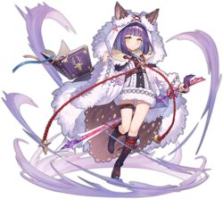  animal_ears ark_order black_cape black_footwear book bookmark boots cape coat ears_through_headwear female full_body fur-trimmed_coat fur-trimmed_hood fur_trim holding holding_sword holding_weapon hood hooded_coat lan_ren_hui looking_at_viewer official_art oscar_(ark_order) pom_pom_(clothes) purple_hair red_rope rope short_hair solo sword tachi-e thigh_strap transparent_background variant_set weapon white_coat wind wolf_ears yellow_eyes 