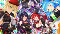  5girls :d ^_^ ahoge animal_ears animal_hands bad_id bad_pixiv_id bare_shoulders belt beret black_gloves blunt_bangs blush bonnet bow bowtie box breasts cardboard_box cat_ears cat_paws chess_piece chrisha_(king&#039;s_raid) cleavage closed_eyes crazy_straw cup detached_sleeves dress drinking_glass drinking_straw epaulettes erze_(king&#039;s_raid) fangs food frills fruit gloves green_eyes hair_between_eyes hair_ornament hair_over_one_eye hat heart heart_straw highres inayama king&#039;s_raid large_breasts lavril_(king&#039;s_raid) lilia_(king&#039;s_raid) long_hair looking_at_viewer maid maid_headdress monocle multiple_girls one_eye_closed open_mouth pantyhose parfait parted_lips petals pointy_ears purple_eyes purple_hair red_eyes seria_(king&#039;s_raid) side_ponytail sleeves_past_wrists smile spoon strawberry stuffed_animal stuffed_rabbit stuffed_toy top_hat twintails very_long_hair white_legwear 