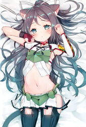  animal_ears armor armpits asymmetrical_clothes asymmetrical_sleeves bangs black_hair black_legwear blue_eyes cat_ears cat_tail cowboy_shot female fingerless_gloves gloves gluteal_fold hair_between_eyes hair_ribbon half-closed_eyes highres hip_vent japanese_clothes kantai_collection katsuragi_(kantai_collection) kemonomimi_mode long_hair long_sleeves looking_at_viewer midriff navel open_mouth panties parted_bangs parted_lips paw_pose ponytail remodel_(kantai_collection) ribbon short_sleeves single_glove solo suzuho_hotaru tail thighs twitter_username underwear white_panties white_ribbon 