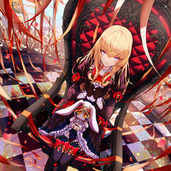  blonde_hair blue_eyes blush bow commentary_request confetti doll_joints dress female frills gothic_lolita highres joints juliet_sleeves lolita_fashion long_hair long_sleeves looking_at_viewer multicolored_eyes original photoshop_(medium) pink_eyes puffy_sleeves ribbon roon_(ddeer2010) sidelocks sitting smile solo stuffed_animal stuffed_rabbit stuffed_toy thighhighs vest wide_sleeves 