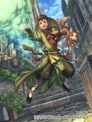  1boy bottle brown_eyes brown_hair canine commentary_request fingerless_gloves flower full_body gloves grass izuka_daisuke jiang_yanggu leaf magic:_the_gathering male_focus official_art open_mouth outdoors sky smoke solo sparkle staff teeth tongue 