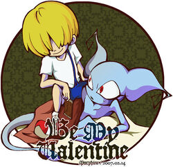  alien blonde_hair blue_body blue_skin duo earthbound_(series) female giygas hair human male mammal morphine_(artist) nintendo not_furry porky_minch red_eyes rule_63 text 