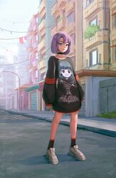  aqua_eyes black_shirt black_socks building commentary_request day english_text female full_body highres lamppost long_sleeves mynare original outdoors print_shirt purple_hair road scythe shadow shirt shoes short_hair sidewalk sleeves_past_wrists smile socks solo standing white_footwear 