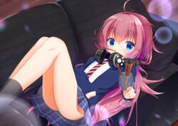  ahoge bang_dream! black_socks blazer blue_eyes blue_jacket blue_skirt bubble_background chalice commentary_request couch cup female food hand_on_own_stomach headphones headphones_around_neck highres holding holding_cup indoors jacket jerky knees_up koh_(user_kpcu7748) long_hair long_sleeves looking_at_viewer lying miniskirt mouth_hold necktie on_back on_couch plaid plaid_skirt red_hair red_necktie school_uniform skirt socks solo striped striped_necktie tamade_chiyu very_long_hair 