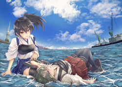  2girls absurdres apron black_thighhighs blue_hakama blue_sky brown_eyes brown_hair building cloud commentary_request crane_(machine) day green_hair hair_ribbon hakama hakama_short_skirt hakama_skirt highres horizon japanese_clothes kaga_(kancolle) kantai_collection long_hair lying multiple_girls muneate ocean on_back outdoors red_hakama ribbon side_ponytail sitting skirt sky tasuki thighhighs turret twintails water white_ribbon yaegashi_(muzzuleflash) yuri zuikaku_(kancolle) 