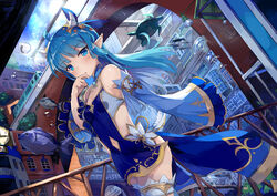  :o ahoge air_bubble animal blue_dress blue_eyes blue_hair blue_sky blue_sleeves blush bubble building clock clothing_cutout cloud cloudy_sky commentary_request day detached_sleeves dress dutch_angle female fish floating_hair gradient_hair highres jellyfish king&#039;s_raid lamp lilia_(king&#039;s_raid) long_hair long_sleeves looking_at_viewer multicolored_hair navel navel_cutout outdoors parted_lips pointy_ears roman_numeral seneto short_dress sky sleeveless sleeveless_dress sleeves_past_fingers sleeves_past_wrists solo train turtle underwater very_long_hair wide_sleeves window 