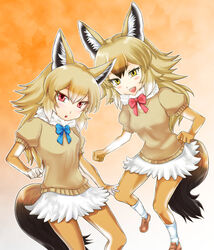  2017 5_fingers adolescent alulu_(kemono_friends) animal_humanoid armwear biped black_tail blush bottomwear bow_(feature) bow_tie breasts brown_clothing brown_hair brown_highlights brown_sweater brown_tail brown_topwear canid canid_humanoid canine canine_humanoid clothed clothing digital_drawing_(artwork) digital_media_(artwork) duo elbow_gloves eyebrow_through_hair eyebrows eyelashes fangs female fingers fist footwear fully_clothed fur_trim_(clothing) gloves gradient_background hair handwear highlights_(coloring) humanoid inner_ear_fluff jackal_humanoid japanese kemono_friends kinko legwear light light_body light_skin lighting long_hair looking_aside looking_at_viewer looking_away mammal mammal_humanoid multicolored_hair naruhiro_hob on_one_leg open_mouth open_smile orange_armwear orange_background orange_clothing orange_footwear orange_gloves orange_hair orange_handwear orange_highlights orange_legwear orange_shoes orange_theme outline raised_leg red_eyes shadow shoes simple_background skirt small_breasts smile socks standing sweater tail tan_body tan_hair tan_skin teeth thigh_highs tights topwear translucent translucent_hair tuft two_tone_tail warm_colors white_background white_bottomwear white_clothing white_footwear white_hair white_highlights white_legwear white_skirt white_socks yellow_eyes young 