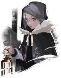  akamiso_(k074510) aqua_eyes birdcage black_cloak cage cloak commentary_request fate/grand_order fate_(series) female fur-trimmed_cloak fur_trim gray_(fate) grey_hair hair_between_eyes highres holding holding_cage hood hood_up hooded_cloak looking_at_viewer lord_el-melloi_ii_case_files open_mouth parted_lips ribbon short_hair solo white_ribbon 