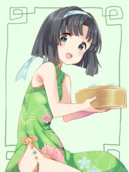  bamboo_steamer baozi bare_arms bare_shoulders black_hair blunt_ends blush breasts china_dress chinese_clothes commentary_request cowboy_shot dress female food green_dress hairband holding holding_food looking_at_viewer musumi_kiyoka no_panties open_mouth short_hair side_slit simple_background sleeveless sleeveless_dress small_breasts smile solo standing takano_natsuki thighs toji_no_miko 