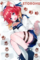  anchor animal_ears bike_shorts black_legwear blonde_hair blue_eyes blue_neckwear blue_ribbon blue_sailor_collar blue_skirt blush bob_cut braid cat_ears cat_tail etorofu_(kantai_collection) female gloves gradient_hair hat highres kantai_collection long_sleeves looking_at_viewer lying multicolored_hair neckerchief on_back open_mouth paw_gloves paws red_hair ribbon sailor_collar sailor_hat scan school_uniform serafuku shorts shorts_under_skirt side_braid skirt socks suzuho_hotaru tail thick_eyebrows twin_braids white_headwear 