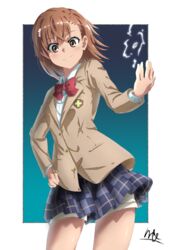  bad_id bad_pixiv_id blue_skirt bow bowtie brown_eyes brown_hair brown_jacket collared_shirt contrapposto cowboy_shot crossed_bangs dress_shirt electricity electrokinesis female flower hair_between_eyes hair_flower hair_ornament hand_on_own_hip highres jacket long_sleeves looking_at_viewer miniskirt misaka_mikoto plaid plaid_skirt pleated_skirt red_bow red_bowtie school_uniform sekitsuki_hayato shiny_skin shirt short_hair shorts shorts_under_skirt signature skirt smile solo standing toaru_kagaku_no_railgun toaru_majutsu_no_index tokiwadai_school_uniform white_flower white_shirt white_shorts winter_uniform 