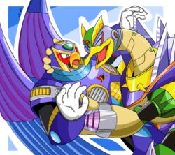  accipitrid accipitriform avian bird blush capcom duo eagle hug machine male mega_man_(series) mega_man_x_(series) mofurufu ostrich overdrive_ostrich ratite reploid robot storm_eagle surprise 