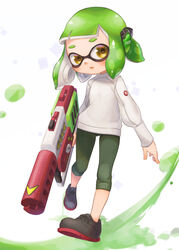  capri_pants commentary_request female full_body green_hair green_pants grey_footwear headphones highres holding inkling inkling_girl inkling_player_character leg_up legs_apart long_sleeves looking_away looking_to_the_side open_mouth pants rapid_blaster_pro_(splatoon) shoelaces shoes short_hair solo splatoon_(series) splatoon_2 suction_cups suzuhiro sweater tentacle_hair white_sweater yellow_eyes 