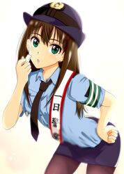  :o armband bad_id bad_pixiv_id bent_over black_necktie blue_headwear blue_shirt blue_skirt brown_hair brown_pantyhose collared_shirt commentary_request cowboy_shot dress_shirt earrings female green_eyes hand_on_own_hip highres holding idolmaster idolmaster_cinderella_girls jewelry leaning_forward long_hair looking_at_viewer miniskirt necktie pantyhose pencil_skirt police police_uniform policewoman shibuya_rin shiki_(0802makimari) shirt short_sleeves simple_background skirt solo standing uniform white_background wing_collar 