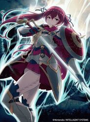  40hara armor aura closed_mouth commentary_request company_name copyright_name female fire_emblem fire_emblem_cipher fire_emblem_fates gloves hair_ribbon hand_on_blade highres holding holding_sword holding_weapon long_hair official_art red_hair ribbon selena_(fire_emblem_fates) solo sword twintails weapon 