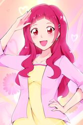  aged_up bad_id bad_pixiv_id blunt_bangs blush commentary daisy dress earrings female flower hair_ornament hand_on_own_hip haruzu2000 heart highres hugtto!_precure jacket jewelry lipstick long_hair makeup nono_hana open_mouth pink_eyes pink_hair pink_jacket precure salute smile solo spoilers upper_body yellow_dress 