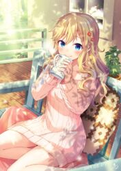  aran_sweater bare_shoulders barefoot bekkourico bench blonde_hair blue_eyes blush cable_knit closed_mouth commentary_request cup dated day dress female flower hair_between_eyes hair_flower hair_ornament holding holding_cup idolmaster idolmaster_cinderella_girls long_hair long_sleeves looking_at_viewer mug naked_sweater off-shoulder_sweater off_shoulder ohtsuki_yui outdoors pillow pink_sweater plant potted_plant ribbed_sweater sitting smile solo sweater sweater_dress window wooden_floor 