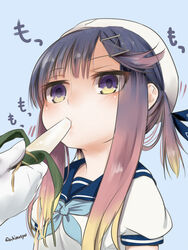  admiral_(kancolle) akino_shuu beret blonde_hair blue_background blue_neckerchief blue_sailor_collar blush brown_hair commentary_request eating feeding female food gloves gradient_hair hair_ornament hat holding kantai_collection kodomo_no_hi long_hair looking_away multicolored_hair neckerchief out_of_frame puffy_short_sleeves puffy_sleeves purple_eyes purple_hair sailor_collar sexually_suggestive shirt short_sleeves sidelocks simple_background solo_focus tsushima_(kancolle) upper_body white_gloves white_headwear white_shirt x_hair_ornament zongzi 