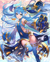  :p absurdres ahoge animal bare_shoulders barefoot blue_dress blue_eyes blue_hair blue_thighhighs clothing_cutout clownfish commentary_request detached_sleeves dragon_girl dragon_horns dress female fish flat_chest floating_hair hair_ribbon highres horns king&#039;s_raid lilia_(king&#039;s_raid) long_hair long_sleeves looking_at_viewer navel navel_cutout pelvic_curtain pointy_ears ribbon sidelocks sleeves_past_fingers sleeves_past_wrists solo teffish thighhighs thighs toeless_legwear tongue tongue_out very_long_hair water wide_sleeves 