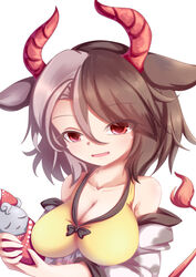  absurdres animal_ears bad_id bad_pixiv_id bare_shoulders breasts brown_hair cleavage collarbone commentary cow_ears cow_girl cow_horns cow_tail detached_sleeves dior-zi eyes_visible_through_hair female hair_between_eyes hair_over_one_eye halterneck head_tilt highres holding horns large_breasts light_purple_hair looking_at_viewer mismatched_animal_ear_colors multicolored_hair open_mouth red_eyes red_horns red_tail shirt short_hair simple_background solo split-color_hair statue tail touhou two-tone_hair upper_body ushizaki_urumi white_background yellow_shirt 